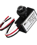 Three Pack Photoelectric Switch Dusk To Dawn Light Sensor Button Control For AC 120 To 277V, shown with wires and sensor.