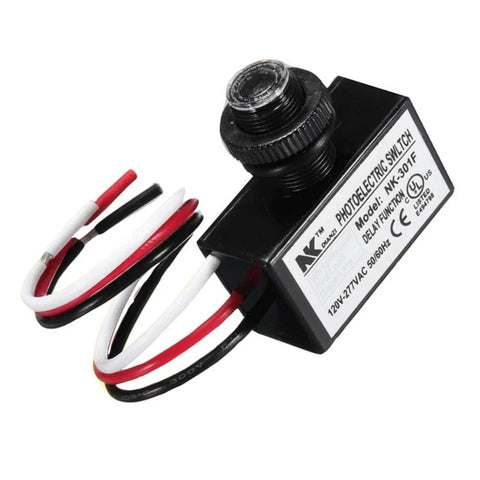 Three Pack Photoelectric Switch Dusk To Dawn Light Sensor Button Control For AC 120 To 277V, shown with wires and sensor.