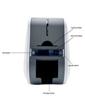 Heavy Duty Id Card Printer Kit Featuring Slick Edge To Edge Color Duplex Prints And Bulletproof Metal Frame showing front with card input hopper and LED display.