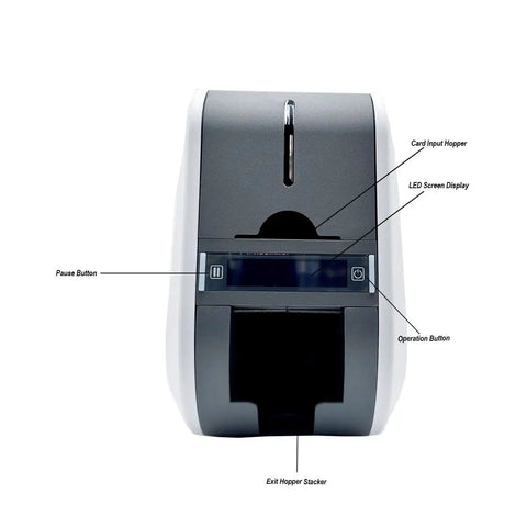 Heavy Duty Id Card Printer Kit Featuring Slick Edge To Edge Color Duplex Prints And Bulletproof Metal Frame showing front with card input hopper and LED display.