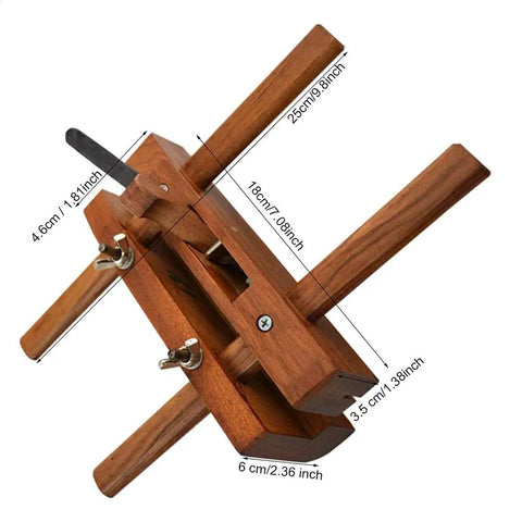 Adjustable Wooden Hand Plane With Double Handle Rabbet Scraper And Five Razor Sharp High Speed Steel Blades For Hella Smooth Wood Finishing and Clean Trim On Weekend Projects, top view with dimensions.