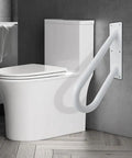Solid Hold Wall Mount Handrail For Outdoor Steps With Non Slip Grip Safety Railing Takes Four Hundred Pounds Built Like A Rock For House Entry Keep Your Steps Secure No Headaches Involved next to a white toilet in a modern bathroom.