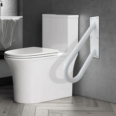 Solid Hold Wall Mount Handrail For Outdoor Steps With Non Slip Grip Safety Railing Takes Four Hundred Pounds Built Like A Rock For House Entry Keep Your Steps Secure No Headaches Involved next to a white toilet in a modern bathroom.