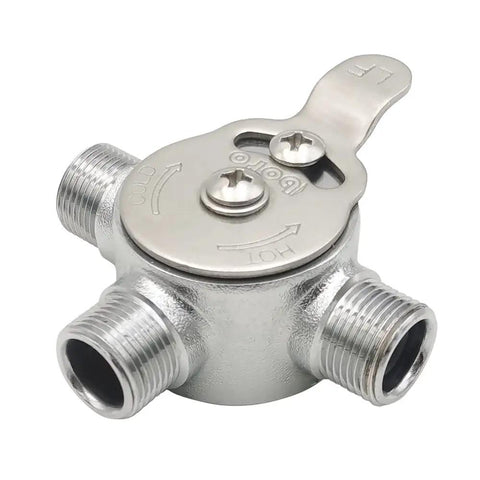 Mechanical Water Mixing Valve With Three Eighths Inch Compression Fittings On Inlet And Outlet, brass construction, top view.