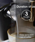 Espresso machine pouring water into cup, "Duration of use 3 months, Enjoy up to 5000 cups" text overlay, 4 Pack Coffee Machine Water Filters For AquaClean CA6903 Compatible With Fully Automatic Espresso Makers Anti Lime Scale Filters That Soften Water For Richer Cleaner Brews At Home No Fuss. Visible steam.
