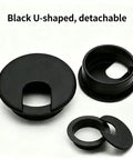 Premium Desktop Grommet Covers Slick Cable Organizers Hella Tough ABS Plastic Wire Routing Kit For Working From Home Office Setup No Mess Cord Management 5 Pack Black Two Point Five Inch Opening Sweet Fit Design includes U-shaped detachable black covers.
