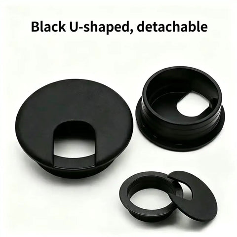 Premium Desktop Grommet Covers Slick Cable Organizers Hella Tough ABS Plastic Wire Routing Kit For Working From Home Office Setup No Mess Cord Management 5 Pack Black Two Point Five Inch Opening Sweet Fit Design includes U-shaped detachable black covers.