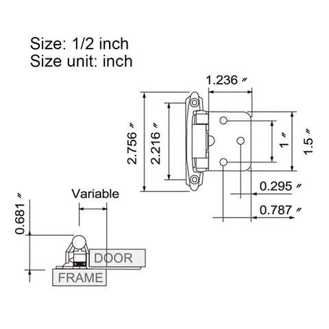 Diagram of Self Closing Spring Hinge With Screws For Overlay Cabinet Doors Flush Mount 2 Piece Set Retro Green Finish dimensions