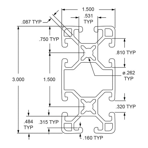 Ultra Lite 1.5 Inch By 3 Inch T Slotted Aluminum Extrusion For DIY Projects With Six Open T Slots, 6063 T6 Aluminum, Clear Anodized Finish, 18 Inch Length, Ideal For Linear Rails, Rail Guides, Or Track Saw Guides technical cross section drawing