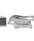 Two-piece stainless steel French fries cutter with grid blade and lever handle; manual vegetable slicer.