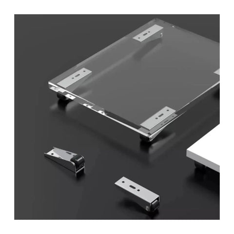 No More Dragging Heavy Slides When Using Heavy Duty Universal Track Wheels And Silent Vertical Adjuster Lifter Casters For Slick Anti Sag Glide On Any Regular Sliding Door Setup. Clear plate with caster wheels and metal brackets.