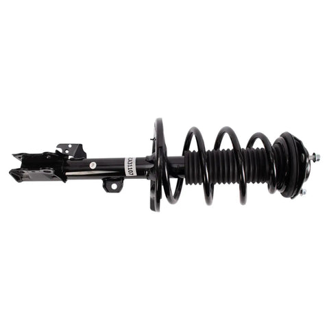 Straight Bolt On Front Left Strut And Coil Spring Assembly Gas Charged Shock with black spring and mount, side view.