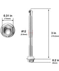 Size 12 By 3 Inch Hardened 410 Stainless Steel Self Drilling Screws Heavy Duty Slick Threading Superior Grip For Quick Sheet Metal Fastening 120 Piece Bulk Pack, showing dimensions.