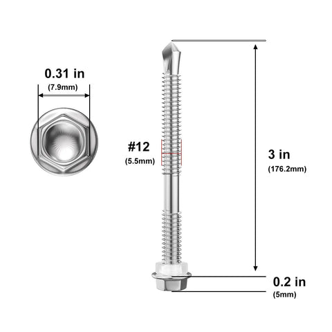 Size 12 By 3 Inch Hardened 410 Stainless Steel Self Drilling Screws Heavy Duty Slick Threading Superior Grip For Quick Sheet Metal Fastening 120 Piece Bulk Pack, showing dimensions.