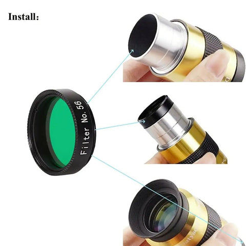 Installation of green filter in 1.25 Inch Telescope Eyepiece Filter Kit With Storage Case, for Lunar And Planetary Viewing.