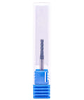 Solid carbide end mill, 3/32 in dia, 1/8 in shank, 4-flute, AlTiN coated, blue plastic case, front view