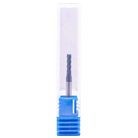 Solid carbide end mill, 3/32 in dia, 1/8 in shank, 4-flute, AlTiN coated, blue plastic case, front view