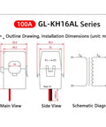 Outline drawing of Straight Up Heavy Duty Split Core Current Transformer PZCT-02 100A with dimensions and schematic diagram.