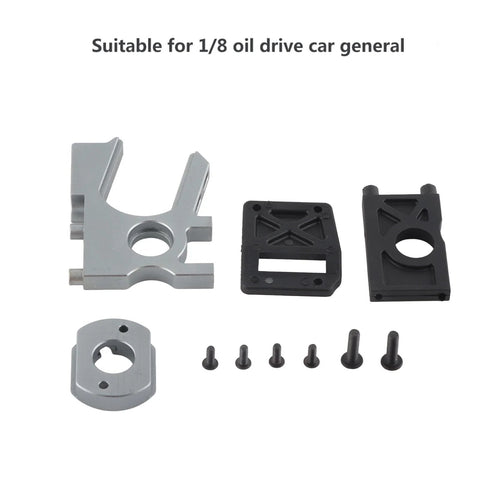 Aluminum brushless motor mounting holder for 1/8 scale RC car Tmaxx; silver motor mount with black base plates and screws