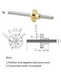 Rock Solid 6Mm T6 Lead Screw And Pure Brass Nut Set, 6mm lead screw with brass nut, detailed dimensions diagram.