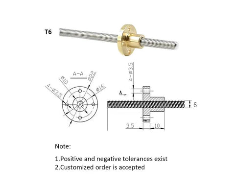 Rock Solid 6Mm T6 Lead Screw And Pure Brass Nut Set, 6mm lead screw with brass nut, detailed dimensions diagram.