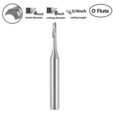 O Flute Spiral Upcut Router Bit Set Five Pieces, 1/4 Inch Shank With 1/8 Inch Cutting Diameter, Carbide End Mill, close-up of a single bit.