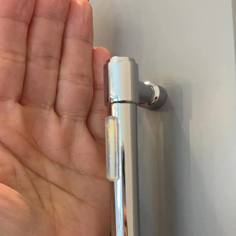 Clear Cabinet Door Bumpers Kit shown on silver handle, highlighting self adhesive soft rubber pads and noise dampening features.