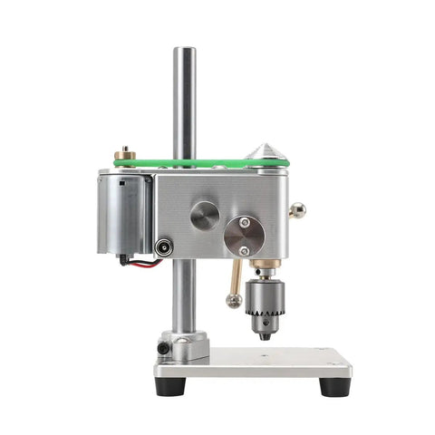 Straight Up Hella Precise Mini Bench Drill Micro Drilling Machine With Adjustable Speed Adapter For Diy Furniture Woodworking Plastics Aluminum And Composite Panels, side view showing motor and chuck.