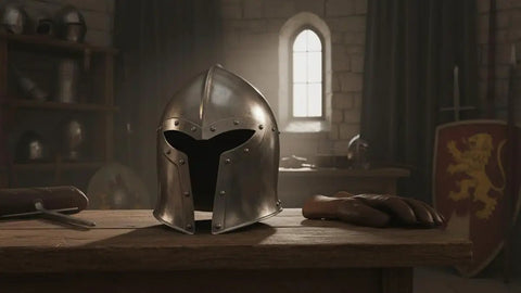 Medieval Barbuta Helmet With Liner for Larp, Cosplay, Halloween and Theatrical Props on wooden table in vintage setting