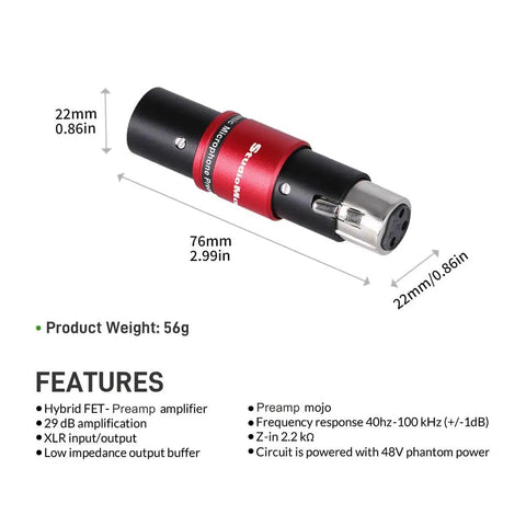 Dynamic Microphone Preamp With 29dB Gain And Ultra Low Noise XLR Boost, including dimensions and features description