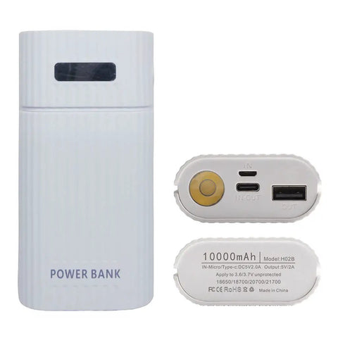 Dual 18650 And 21700 Battery Box Power Case, USB C Quick Charge Hub With Integrated Flashlight, Rugged Outdoor Enclosure With Digital Screen Display, Built Tough Trail Ready Gear, Batteries Not Included, white power bank side view.