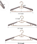 6 Pack Heavy Duty Plastic Extra Wide Arm Hangers 15 To 23 Inches With Swivel Hooks For Coats Jackets Dresses Shirts Pants And Trousers Space Saving Closet Organizers In Grey And Tan showing adjustable sizes and swivel hooks