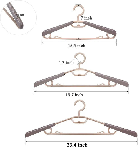 6 Pack Heavy Duty Plastic Extra Wide Arm Hangers 15 To 23 Inches With Swivel Hooks For Coats Jackets Dresses Shirts Pants And Trousers Space Saving Closet Organizers In Grey And Tan showing adjustable sizes and swivel hooks