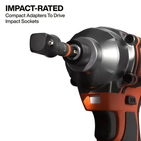 Impact Driver Socket Adapter Set With Three Inch Extensions Including One Quarter Inch Three Eighths Inch And One Half Inch Square Drive Adapters Knurled Grip High Visibility For Heavy Duty Quick Connect Access attached to impact driver