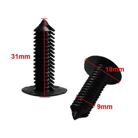 100 Pack 9mm Car Clip Retainer Kit with dimensions labeled, black clip showing 31mm length and 18mm head diameter