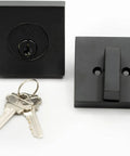 Square Deadbolt Matte Black Single Cylinder Lock With Easy Installation Keyed On One Side And Inner Turn Lock Contemporary Sleek Front Door Security Hardware For Modern Homes with keys visible