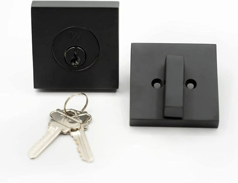 Square Deadbolt Matte Black Single Cylinder Lock With Easy Installation Keyed On One Side And Inner Turn Lock Contemporary Sleek Front Door Security Hardware For Modern Homes with keys visible