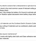 Powerful Cordless Electric Scissors For Heavy Duty Cardboard Cutting With Rechargeable Battery displayed with Q&A about usage.