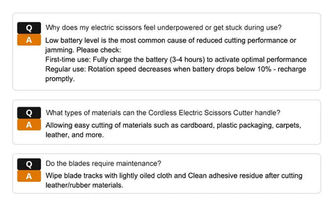 Powerful Cordless Electric Scissors For Heavy Duty Cardboard Cutting With Rechargeable Battery displayed with Q&A about usage.