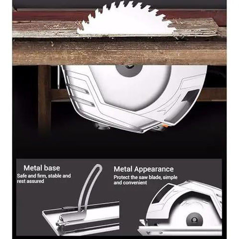 Pro Grade Electric Circular Saw With Aluminum Body For Portable Woodworking Projects showing sharp blade and metal base design.