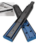 Heavy Duty Soft Close Drawer Slides With Hella Smooth Hydraulic Dampers And Tough One Hundred Pound Load Rating Steel Cabinet Glides two pairs shown.