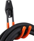 Keep Your EV Charging Cord Squared Away With This Rugged Wall Mount J Hook That Hangs Electric Vehicle Cables Up High To Dodge Rain And Dust For Stress Free Plugging Whenever You Need It. Black hook with orange ends holds coiled cables.