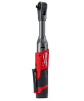 M12 Cordless 3/8 Inch Extended Reach Ratchet Kit With Knockout Torque Output And Ultra Slim Head Design side view showing steel housing and brushless motor.