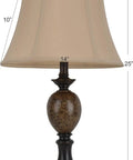 Resin and Marble Table Lamp in Bronze Finish With Round Taupe Beige Softback Shade Three Way Light for Bedside Desk or Nightstand