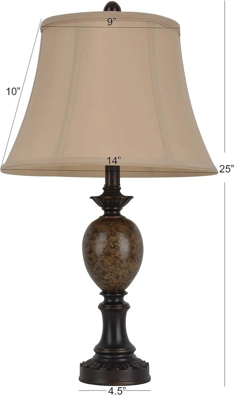 Resin and Marble Table Lamp in Bronze Finish With Round Taupe Beige Softback Shade Three Way Light for Bedside Desk or Nightstand