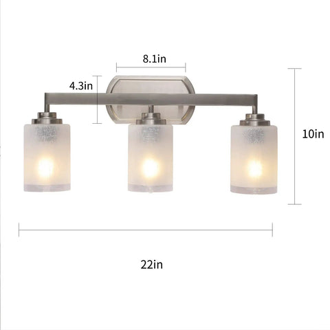 Three Light Brushed Nickel Vanity Light With Frosted Glass Shades, Wall Mount Sconce dimensions 22in x 10in