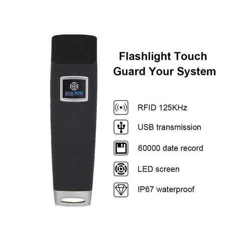 Rugged IP67 Waterproof 125kHz RFID Guard Tour System For Security Pros with LED indicators, USB transmission, 60000 records capacity.