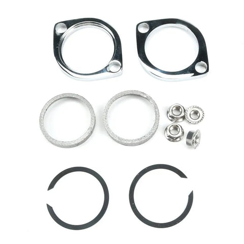 Heavy Duty Exhaust Flange Install Kit For Classic Motorcycle Cruisers Featuring Premium Sealing Bolts, chrome flanges and sealing rings.