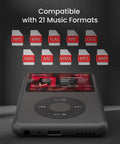 Bluetooth MP3 Player With 128GB Storage Portable Music Player showing compatibility with 21 music formats like MP3, WAV, and FLAC.