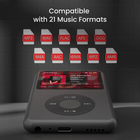 Bluetooth MP3 Player With 128GB Storage Portable Music Player showing compatibility with 21 music formats like MP3, WAV, and FLAC.